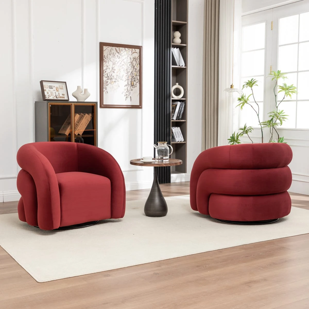 Alternate angle shows the red accent chair's rounded back and layered side cushioning