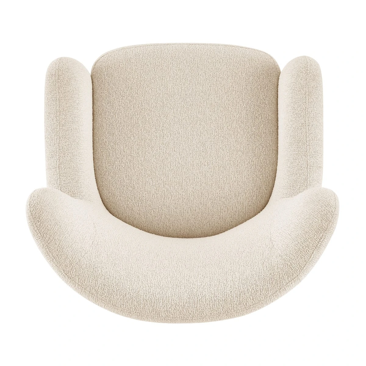 Top-down view showing rounded cream boucle seat with wraparound arms and curved inner back