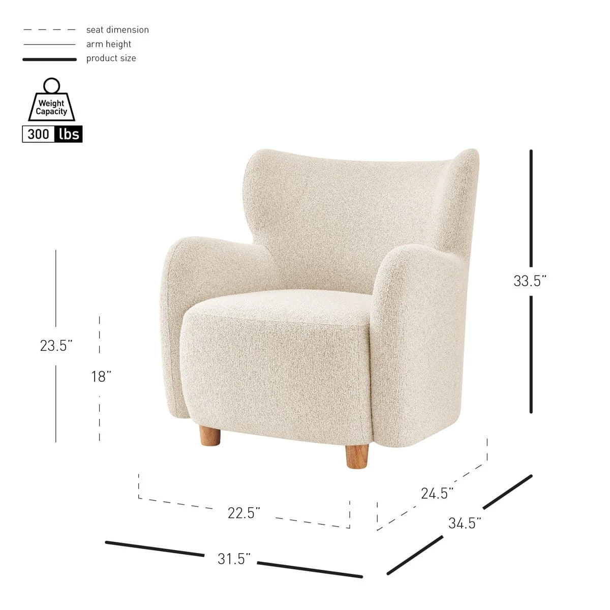 Dimension graphic for cream boucle armchair with 300 lb capacity and labeled width, depth and height