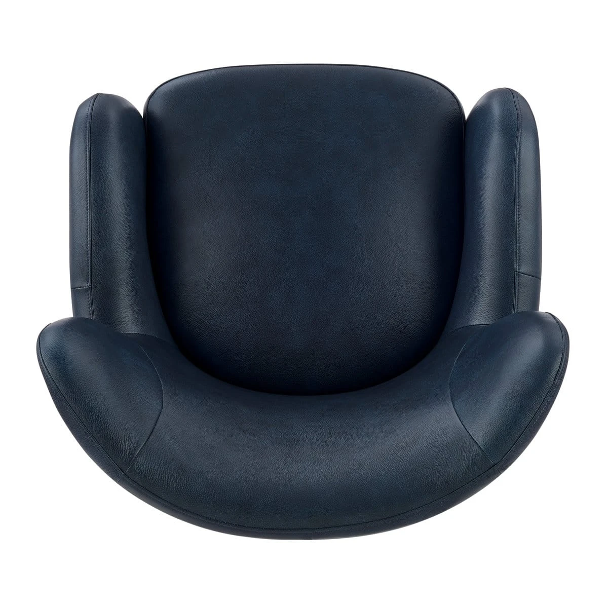 Top view highlighting the rounded seat, wraparound arms, and textured navy upholstery