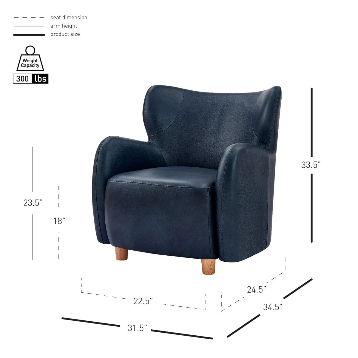 Dimension graphic with chair measurements and 300 lb weight capacity in navy upholstery