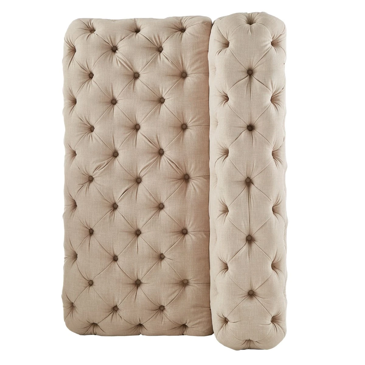 Top view showing the loveseat seat and back with allover diamond tufting in beige fabric