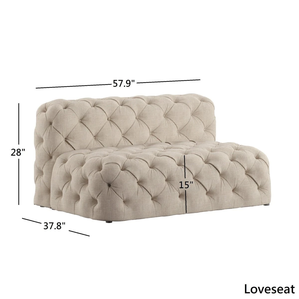 Loveseat with dimension graphic showing 57.9 in width, 37.8 in depth, 28 in height and 15 in seat height