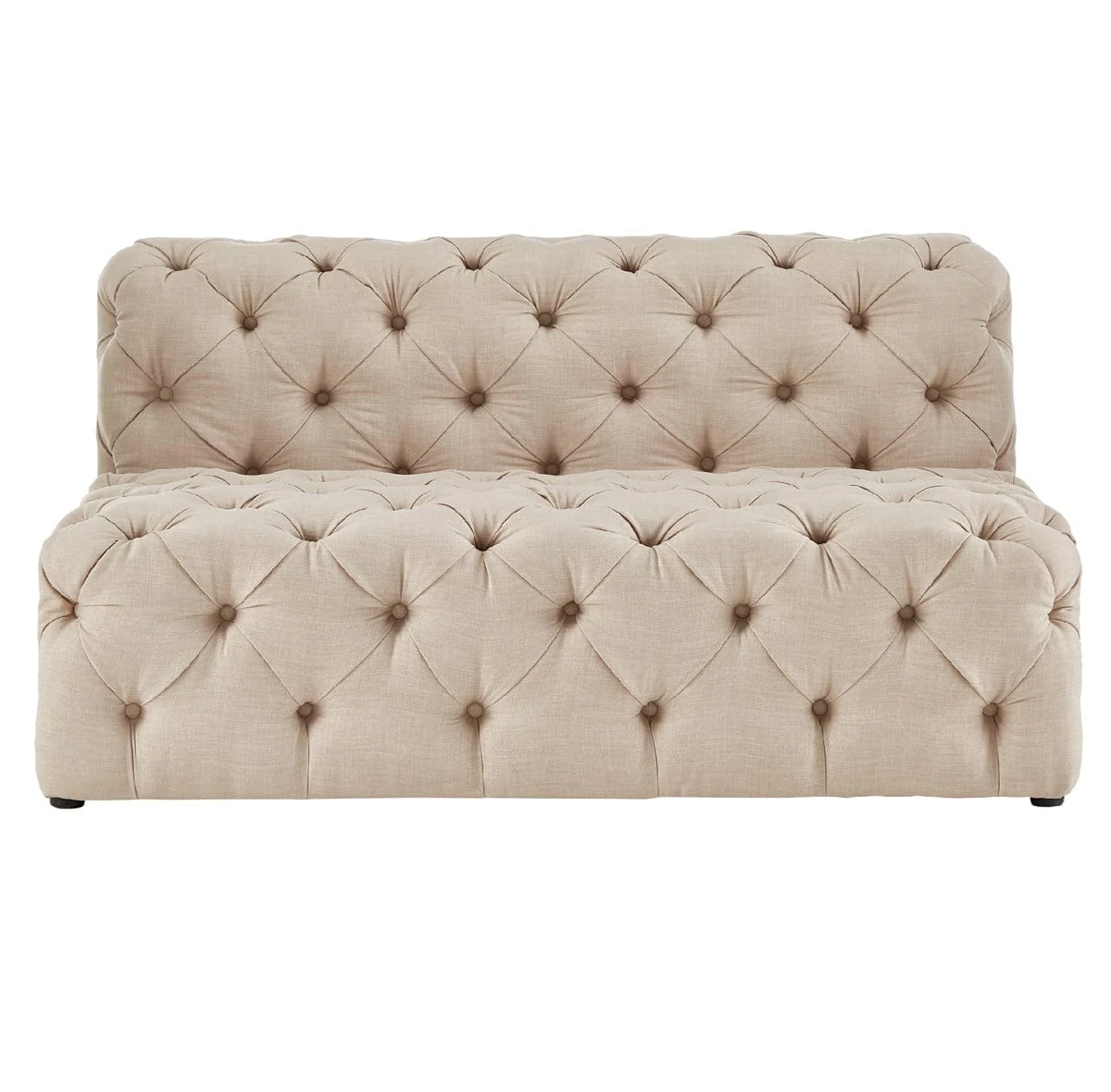 Straight-on front view highlighting the deep button tufting across the seat front and backrest