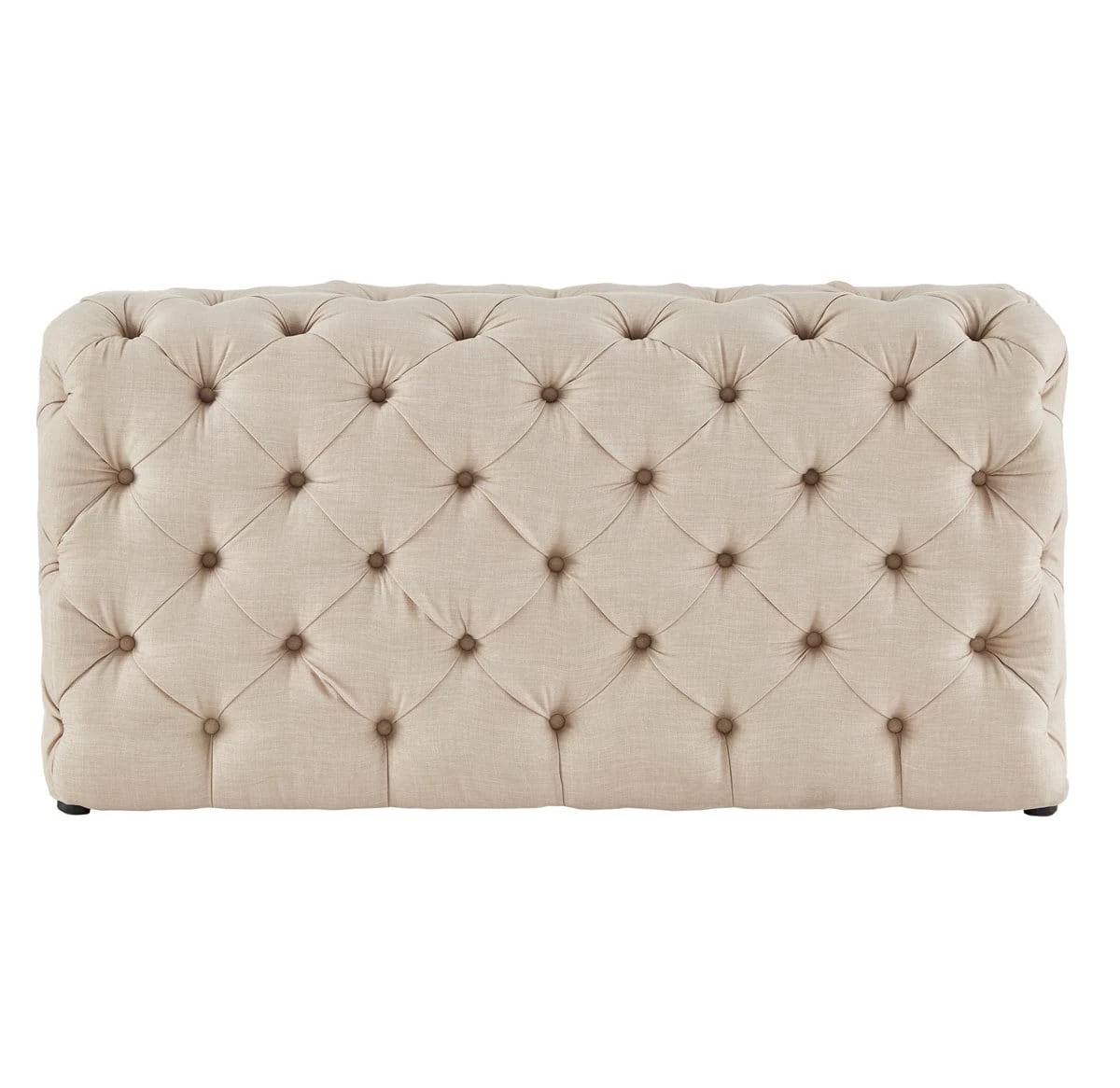 Rear view of the loveseat showing full tufted upholstery and short dark feet