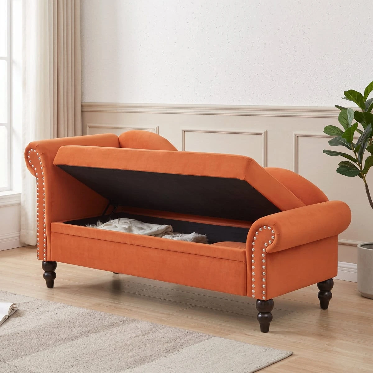 Three-quarter view with lift-up seat open, revealing hidden storage compartment inside the bench