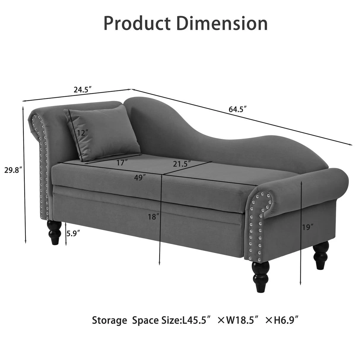 Dimension diagram showing overall chaise size and interior storage measurements on a gray model