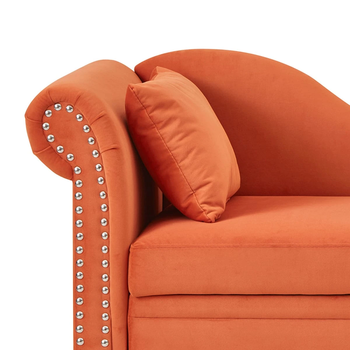 Detail of left rolled arm, silver nailhead border, matching throw pillow and curved backrest