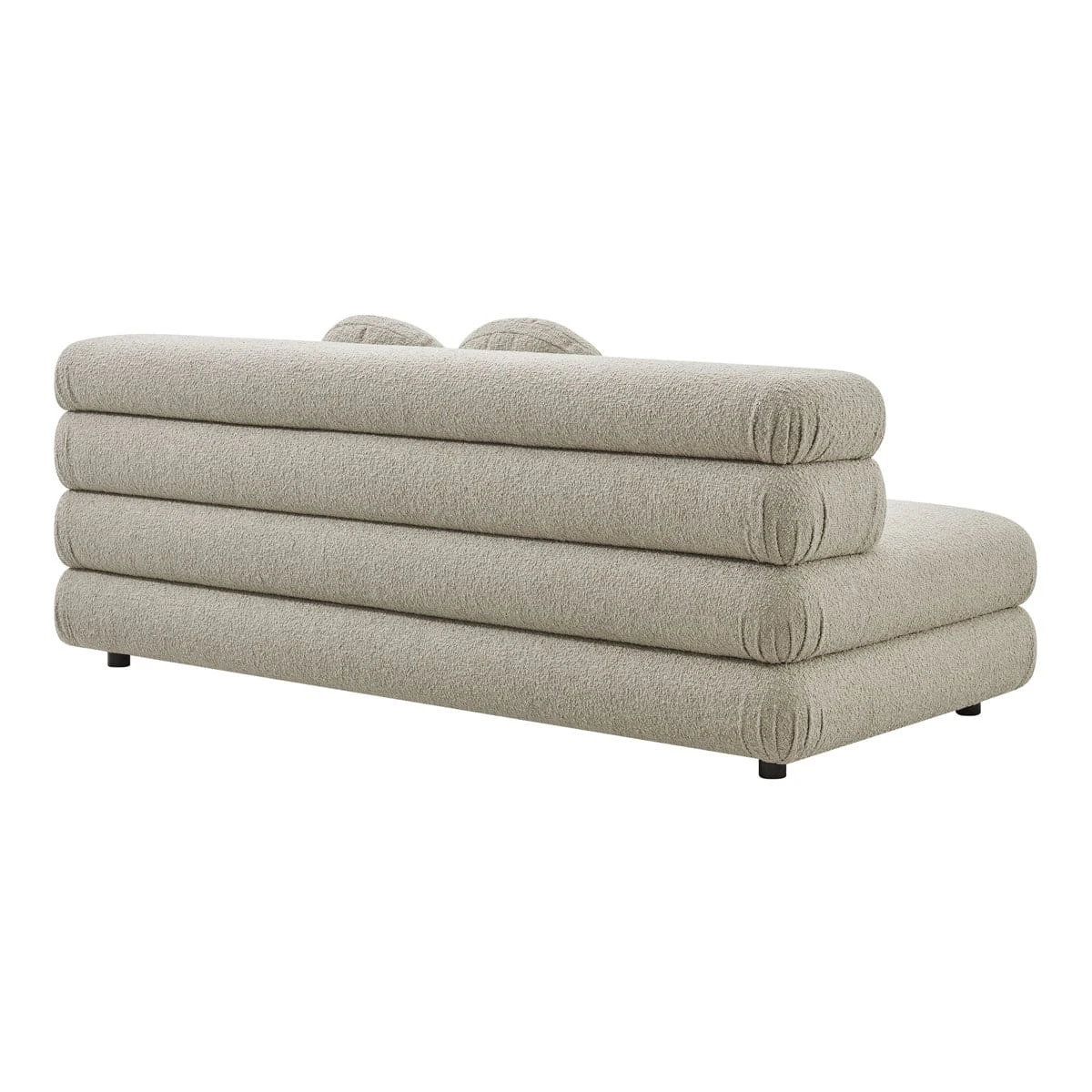 Rear three-quarter view showing the sofa's rounded layered back design, textured upholstery and short black legs