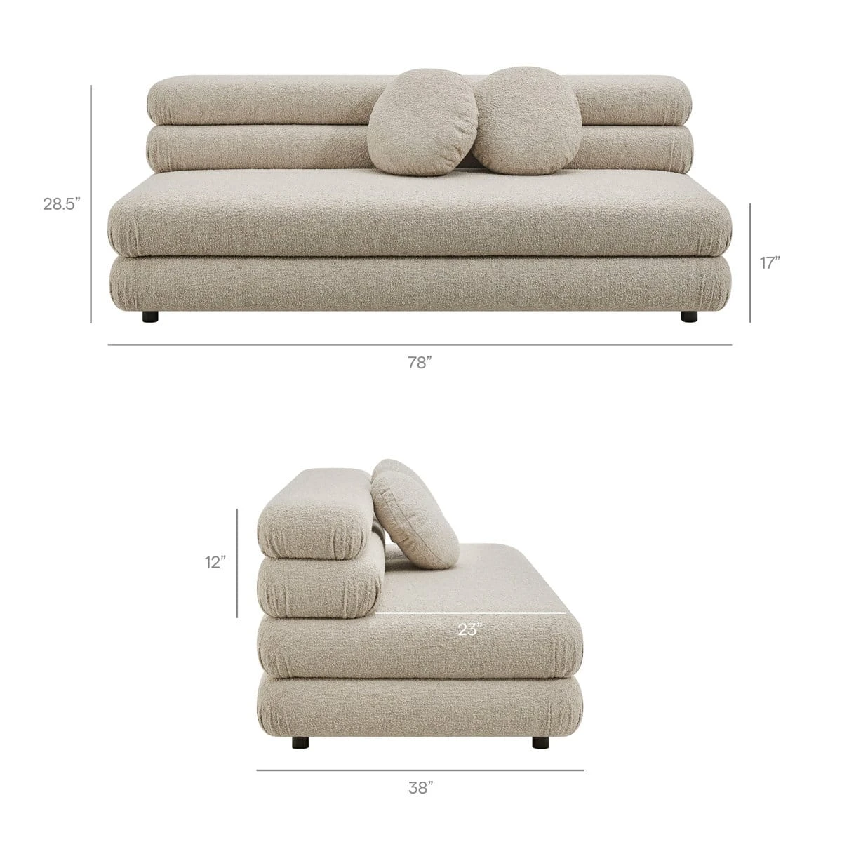 Dimension chart showing front and side views with 78 in width, 38 in depth and 28.5 in overall height