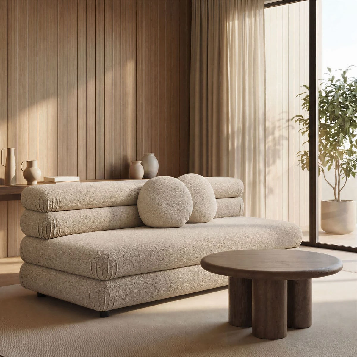 Side-front lifestyle view highlighting the low seat, rolled ends and plush bouclé texture beside a round table