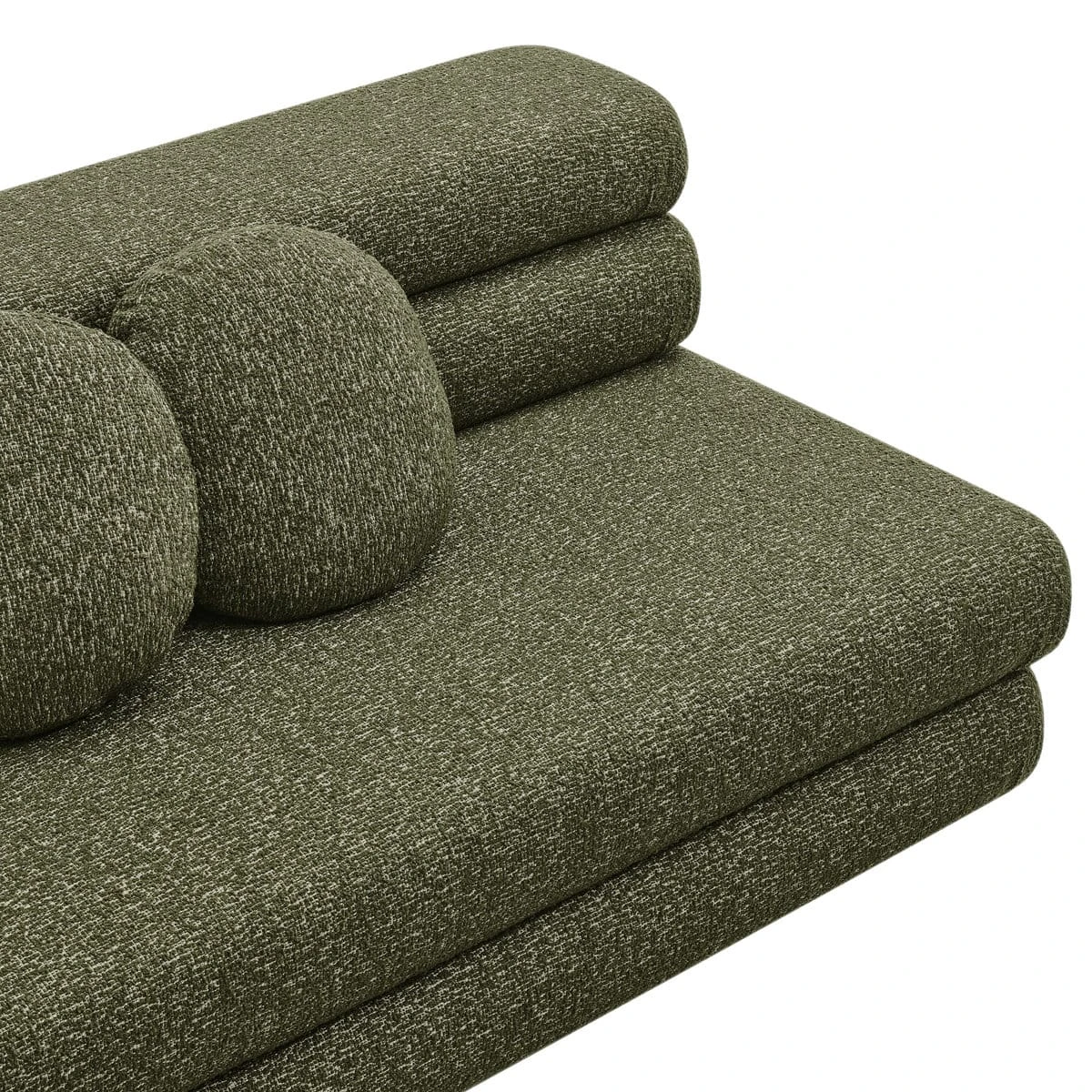 Close-up of the seat corner, round cushions and rolled backrest in textured olive fabric