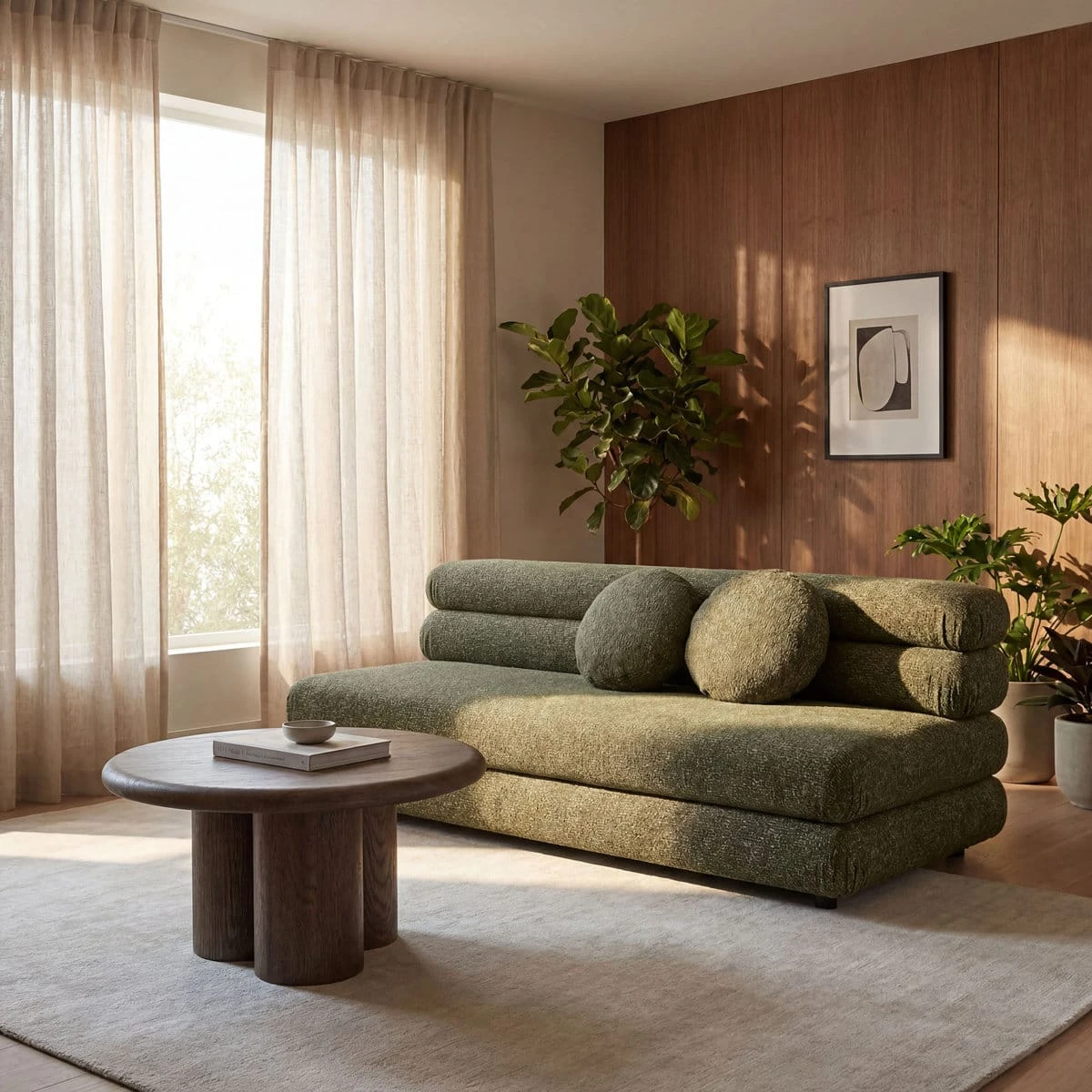 Styled living room scene showing the sofa from the front-left with soft daylight and wood table