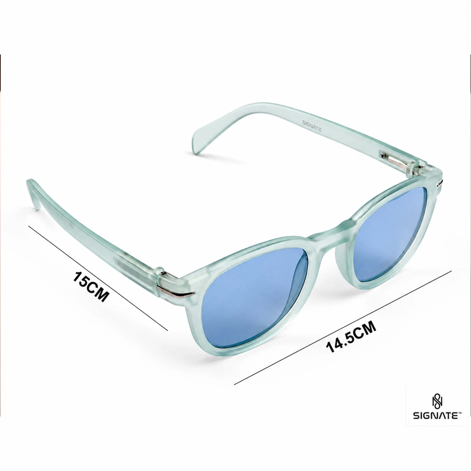 Angled view with size graphic showing 15 cm temples and 14.5 cm width on frosted blue sunglasses