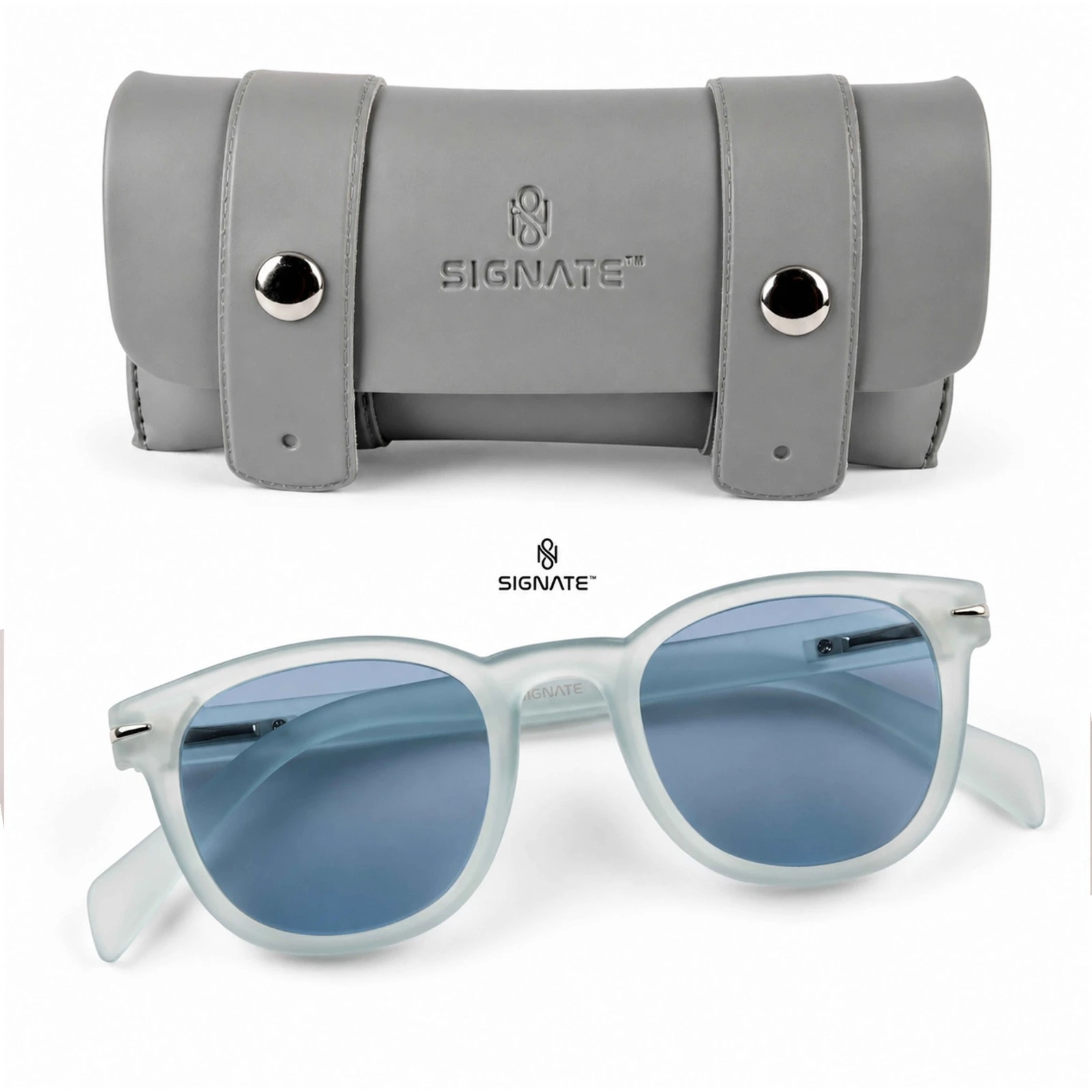 Frosted ice blue sunglasses shown with gray Signate hard case, temples open and blue lenses facing forward