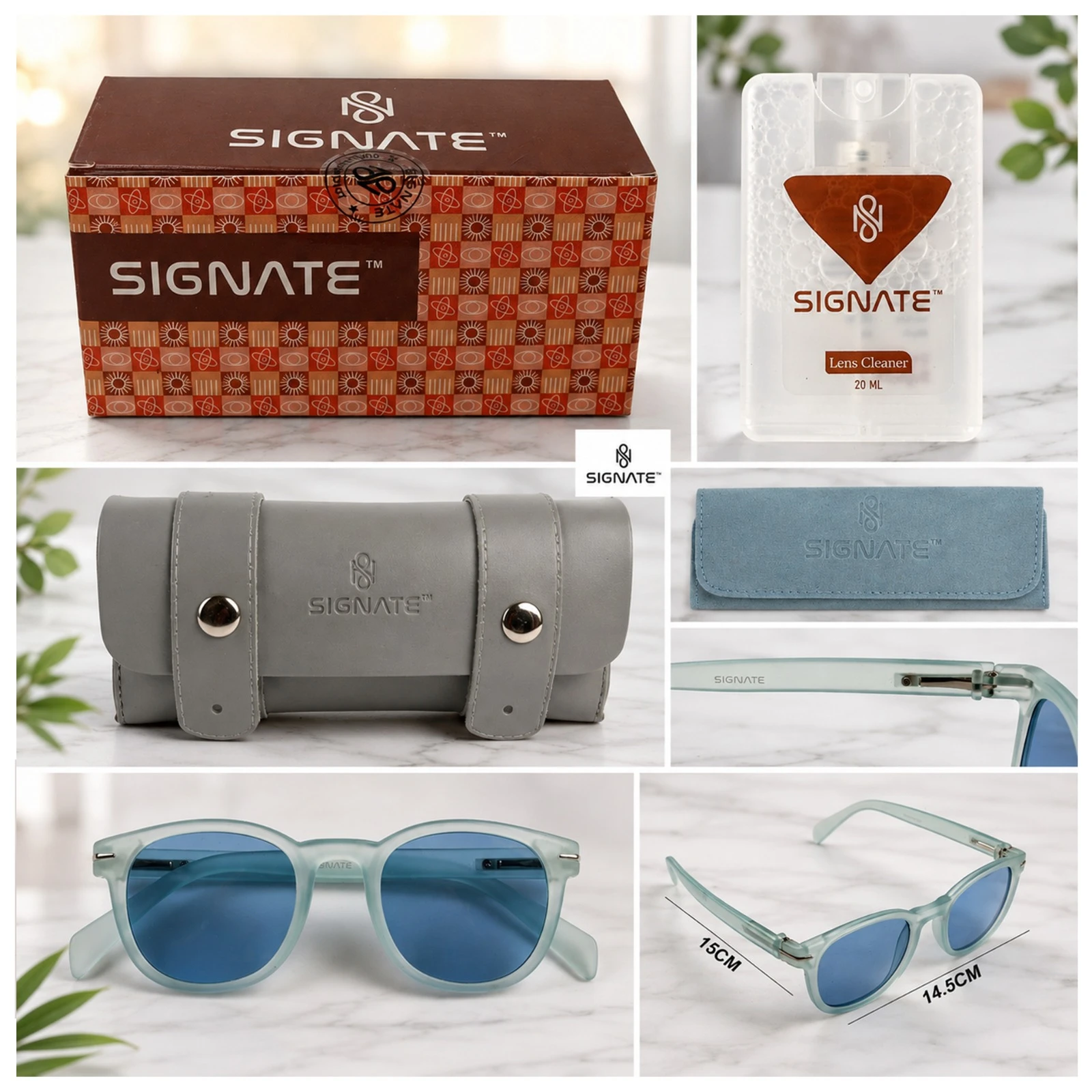Collage of Signate sunglasses accessories: branded box, 20 ml lens cleaner, gray hard case, blue pouch and frame detail