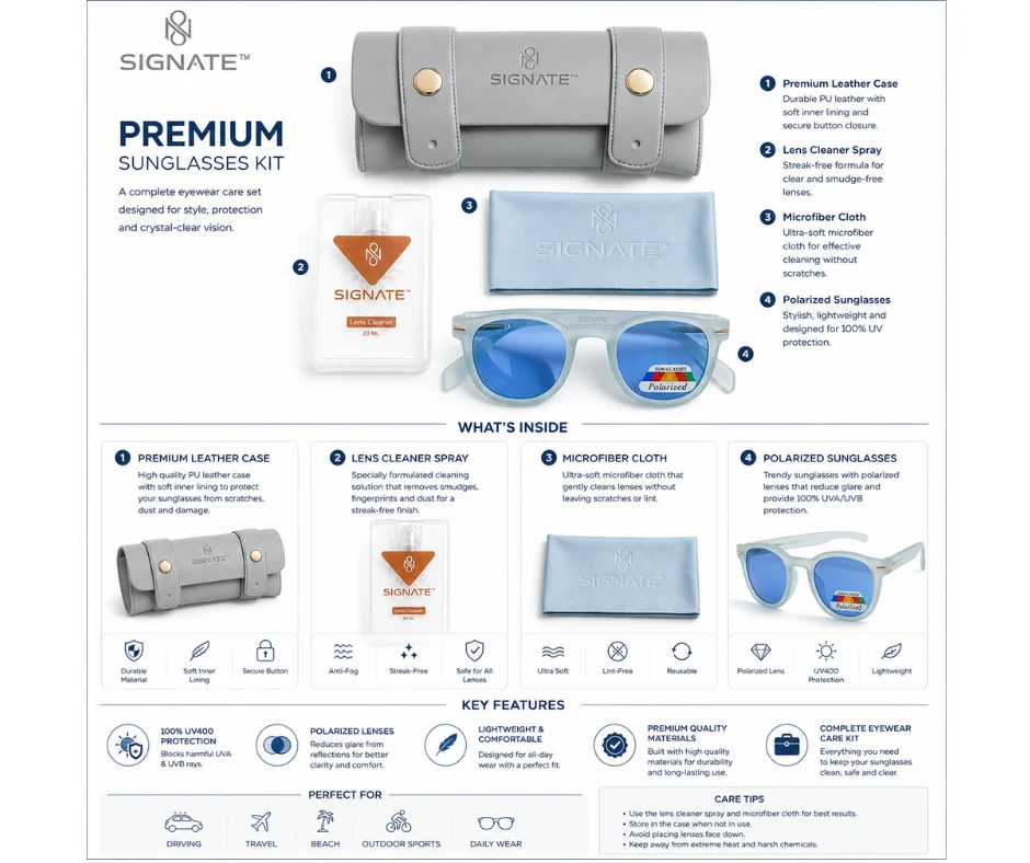 Infographic of Signate premium sunglasses kit with gray case, lens cleaner, blue cloth and frosted blue shades