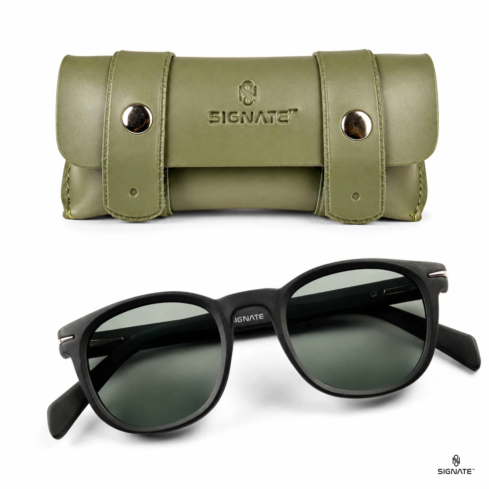Sunglasses shown with olive green Signate snap case, angled to highlight the full kit presentation