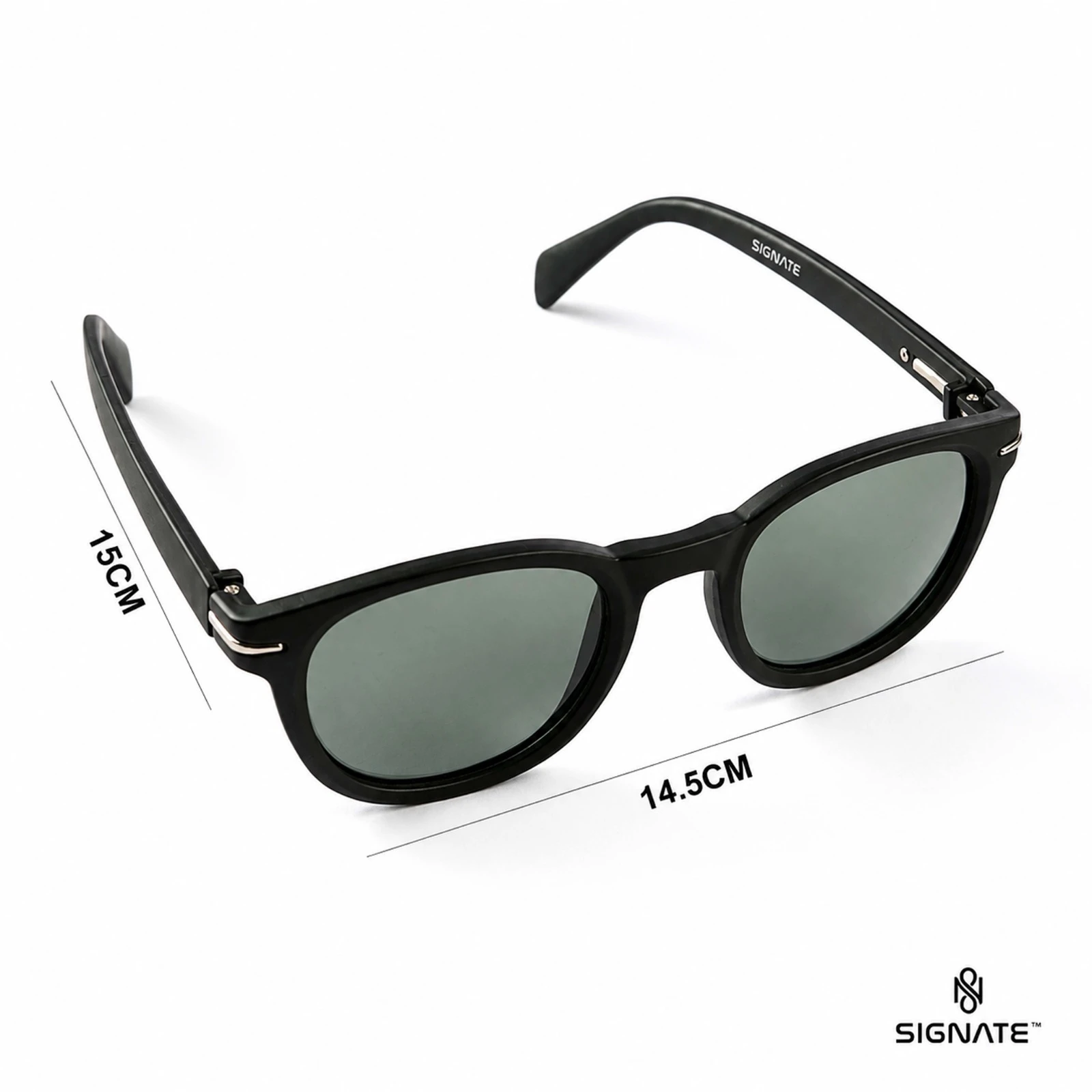 Angled top view showing black frame dimensions marked 14.5 cm width and 15 cm temple length