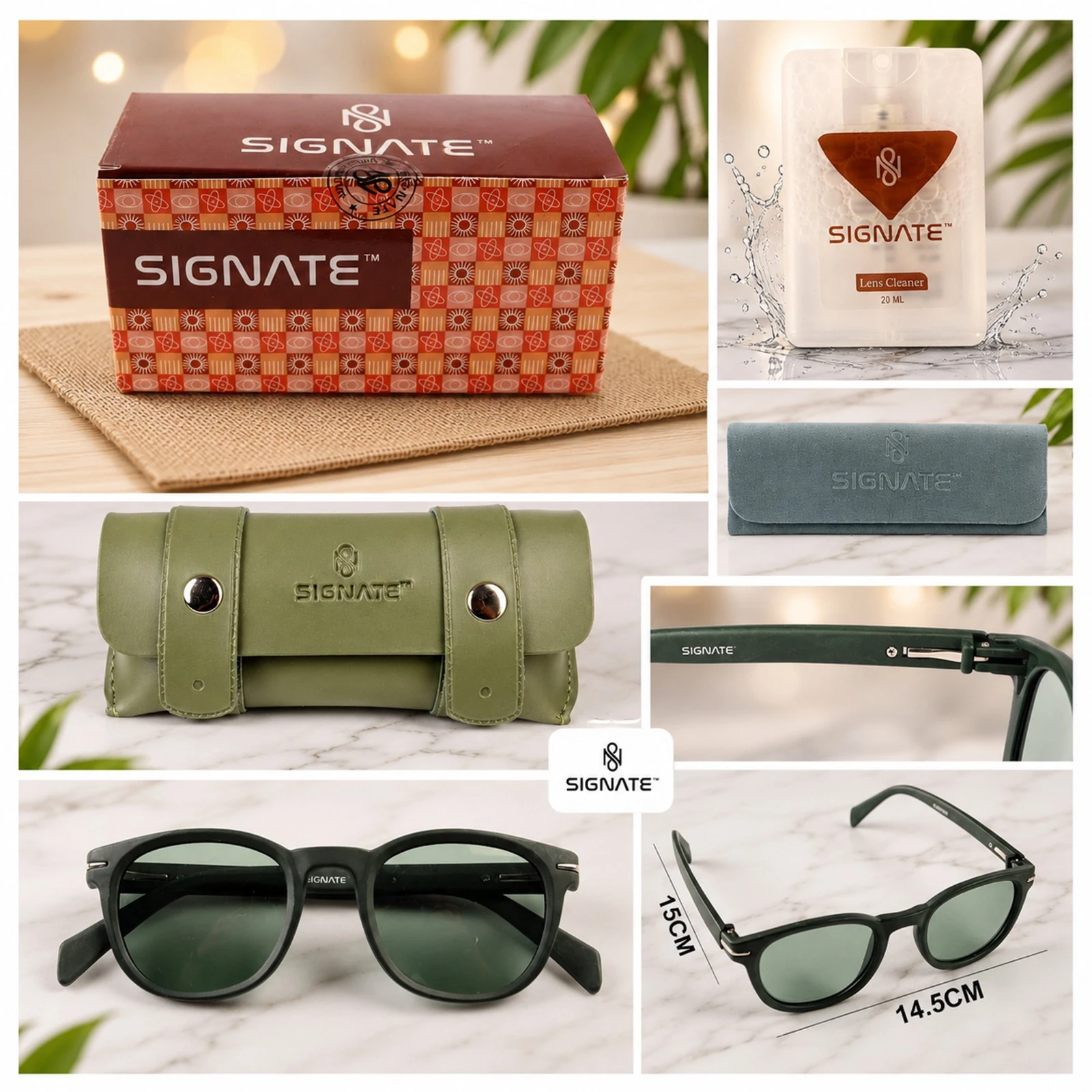 Collage showing sunglasses, branded box, olive case, microfiber cloth and lens cleaner accessories