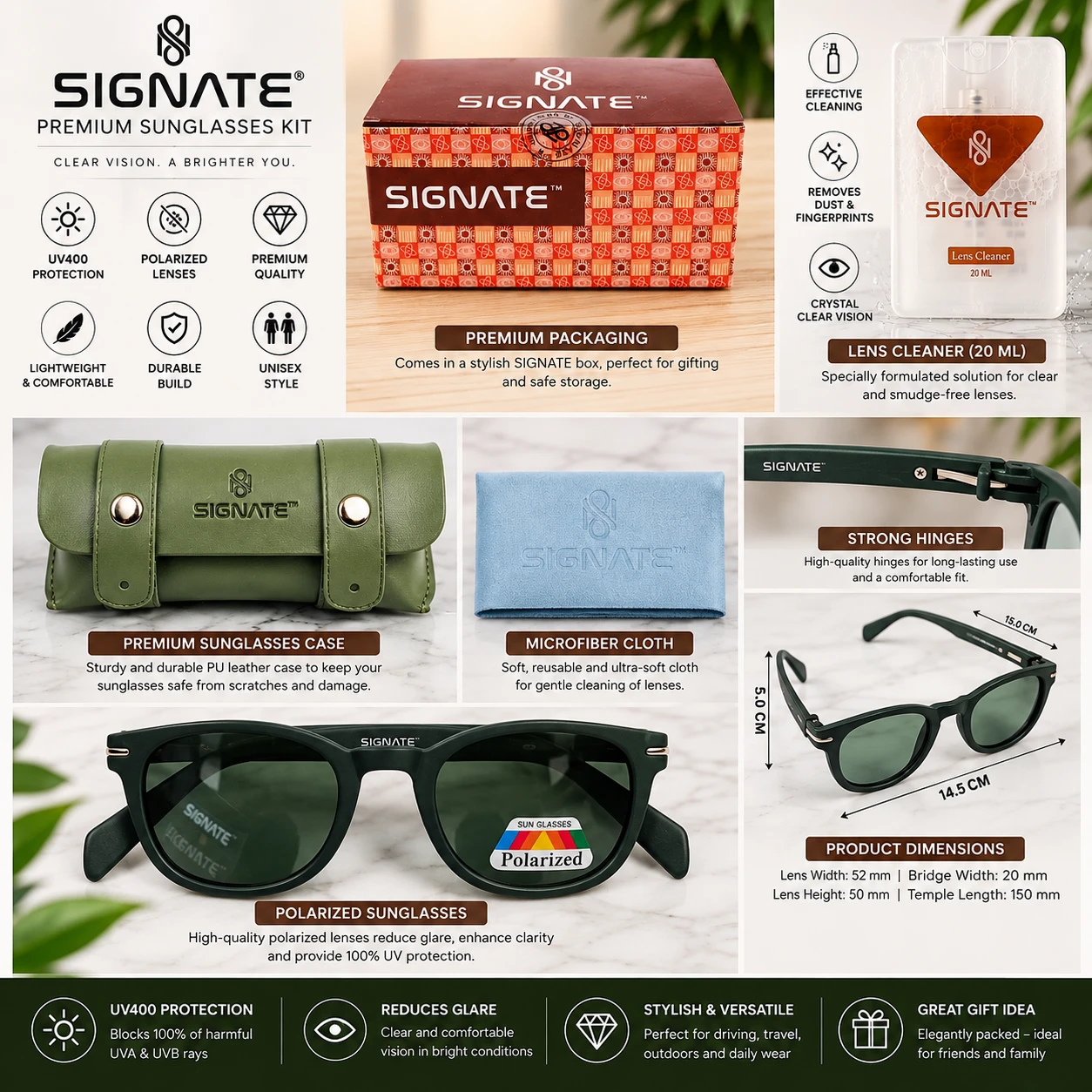 Infographic with polarized sunglasses features, accessories, UV400 protection and dimension details