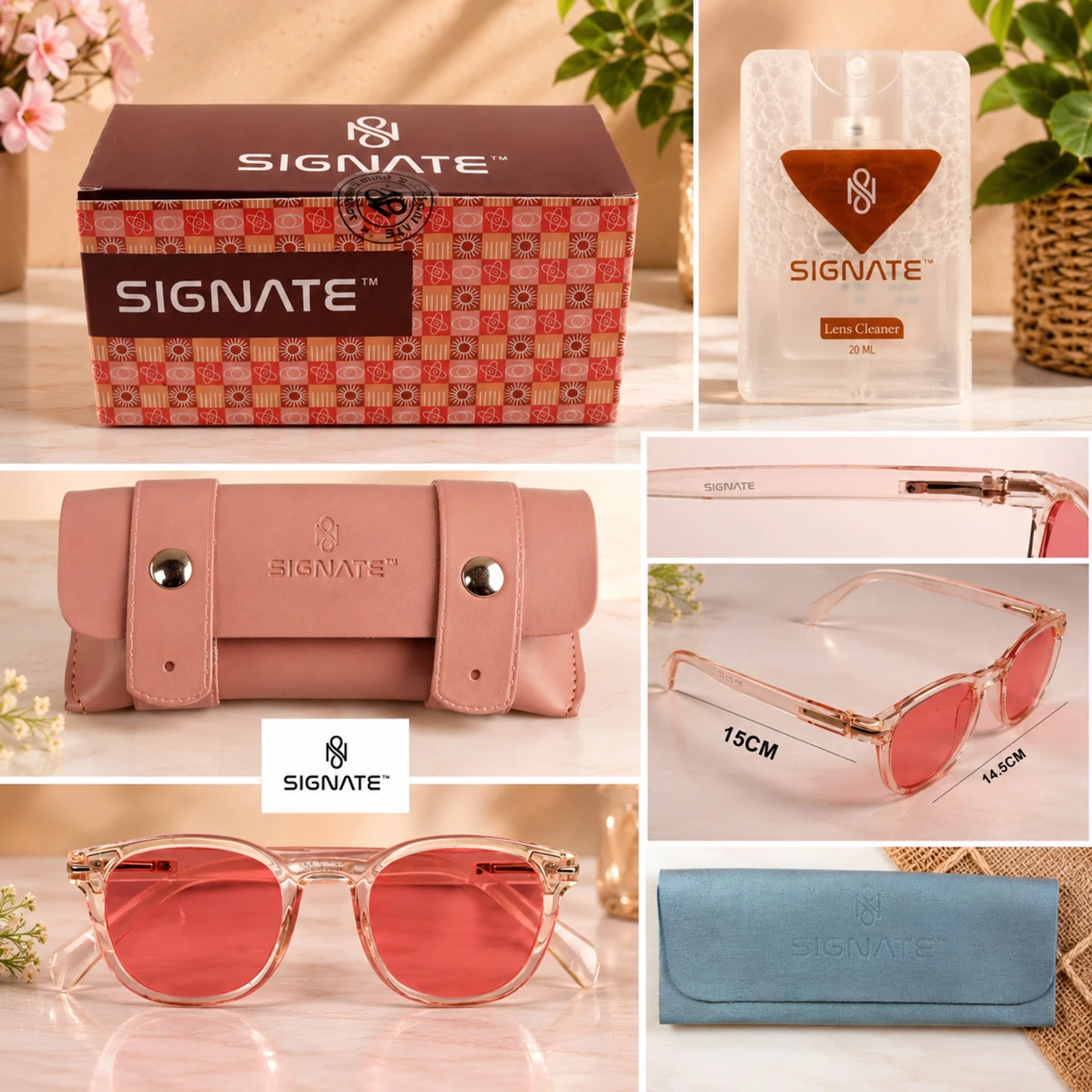 Collage showing Signate sunglasses, branded box, lens cleaner, pink case, blue pouch and size view