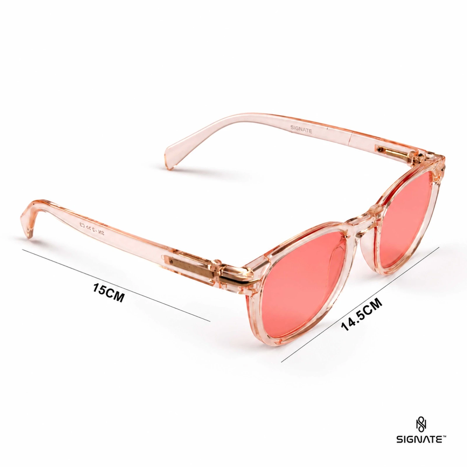 Angled side view of transparent blush sunglasses with pink lenses and printed 15 cm x 14.5 cm size