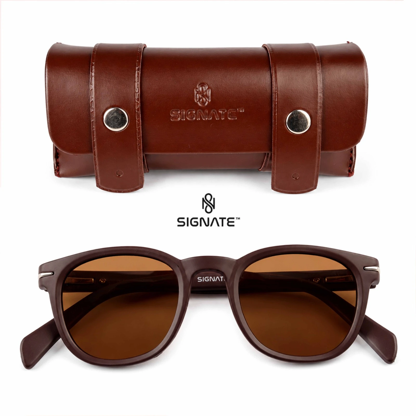 Brown Signate sunglasses shown front-on with matching leather case and brown tinted lenses