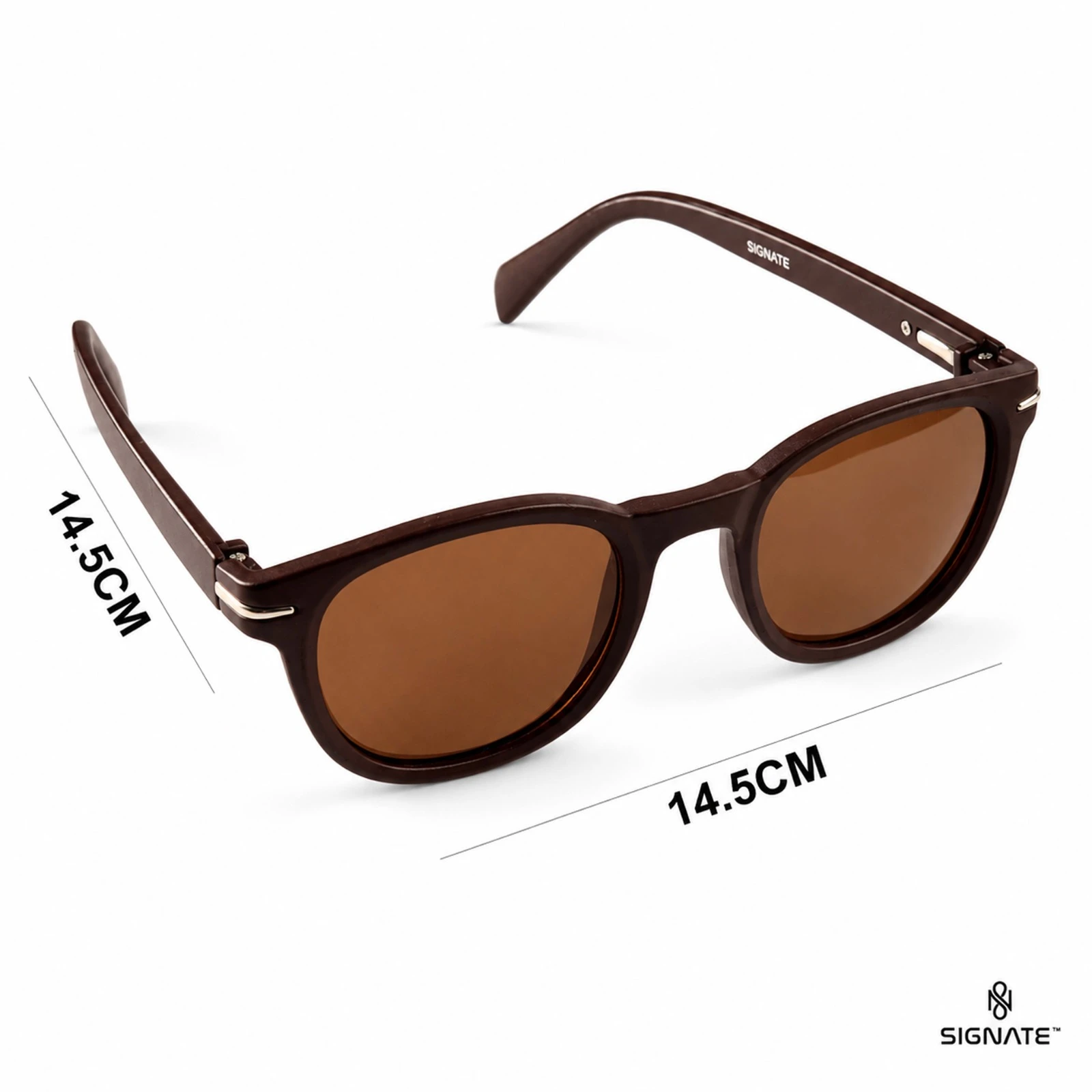 Brown Signate sunglasses shown front-on with matching leather case and brown tinted lenses
