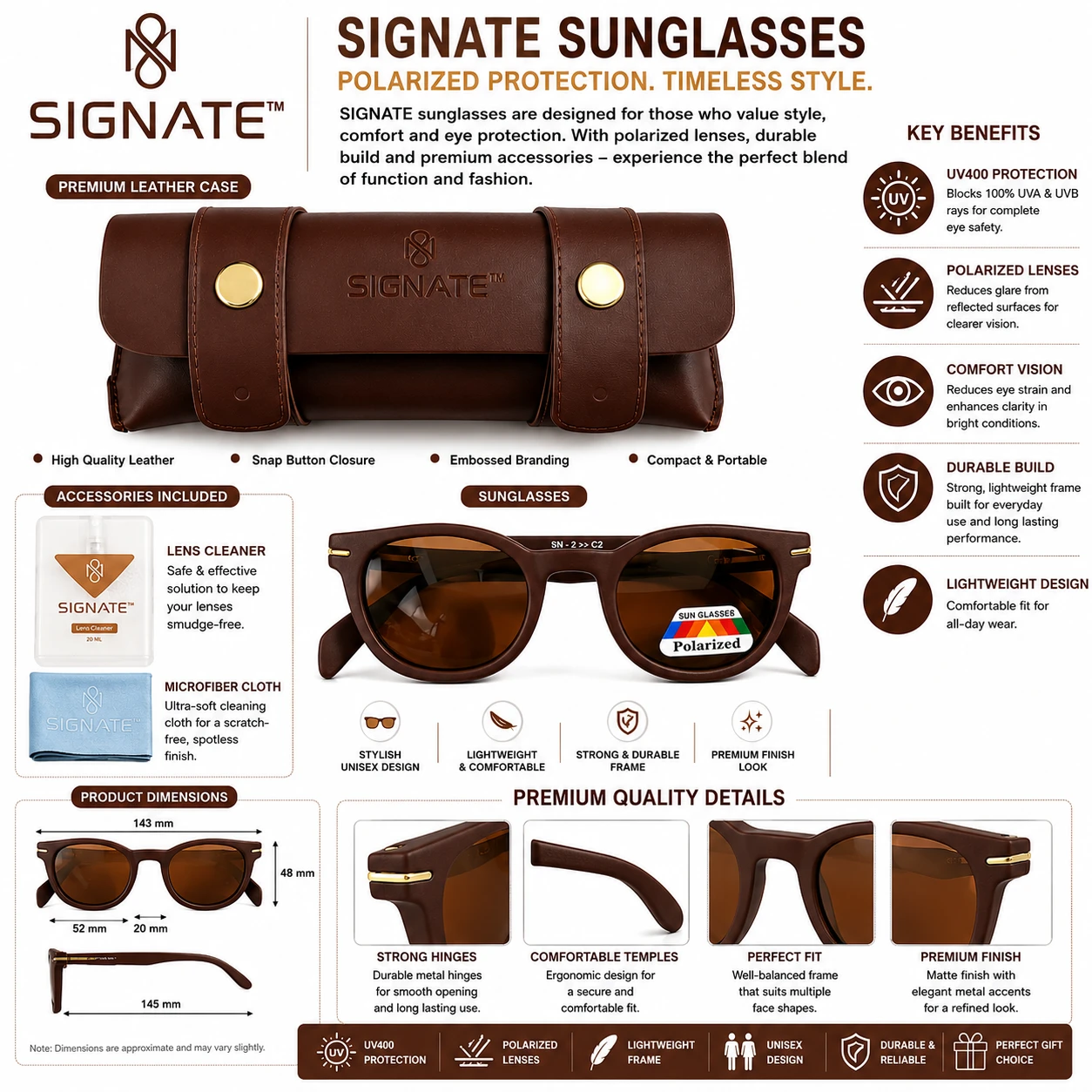 Brown Signate sunglasses shown front-on with matching leather case and brown tinted lenses