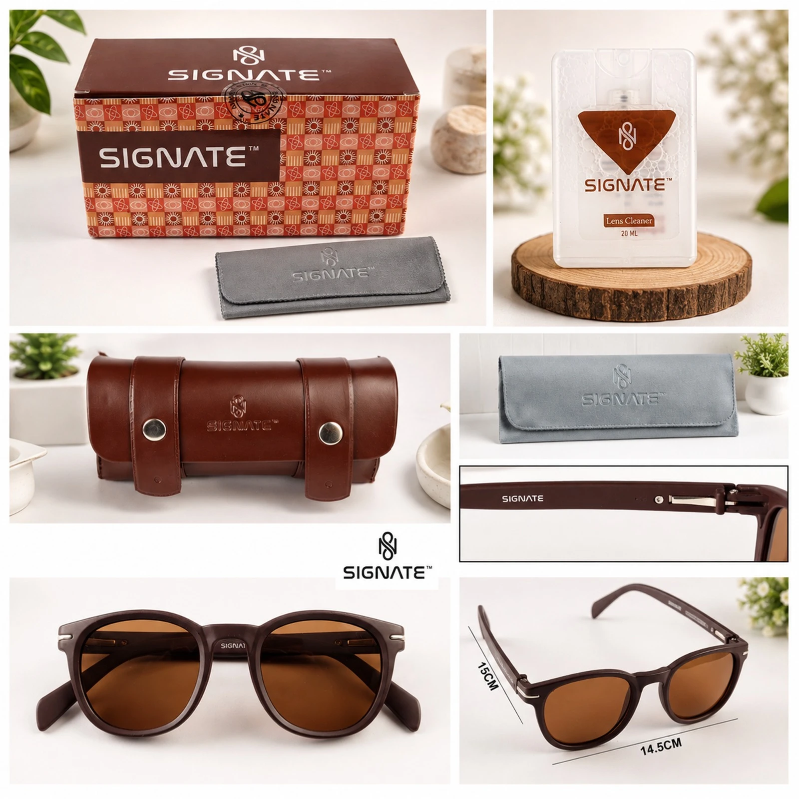 Brown Signate sunglasses shown front-on with matching leather case and brown tinted lenses