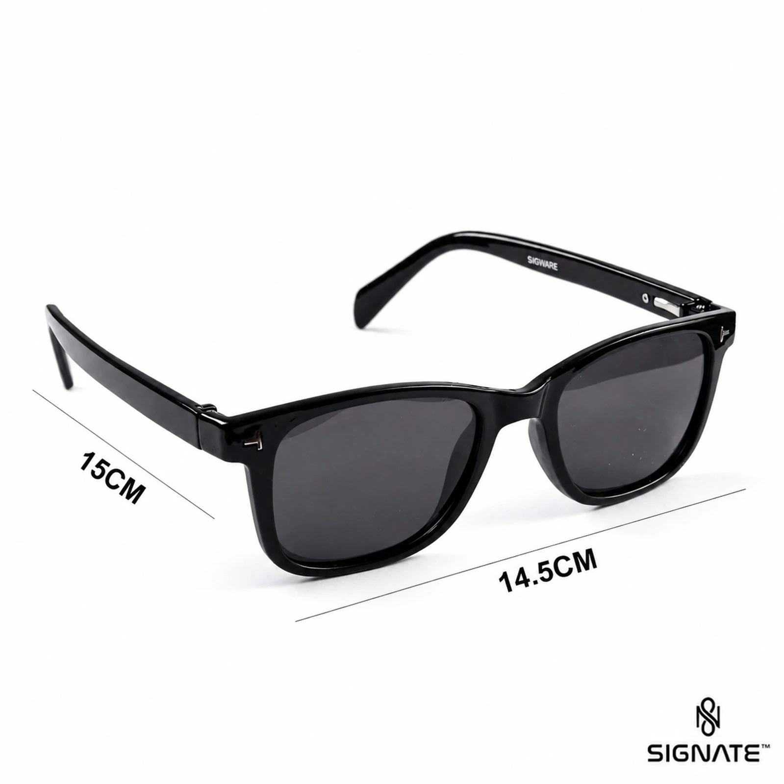 Angled view of black sunglasses with size markings showing 15 cm length and 14.5 cm front width