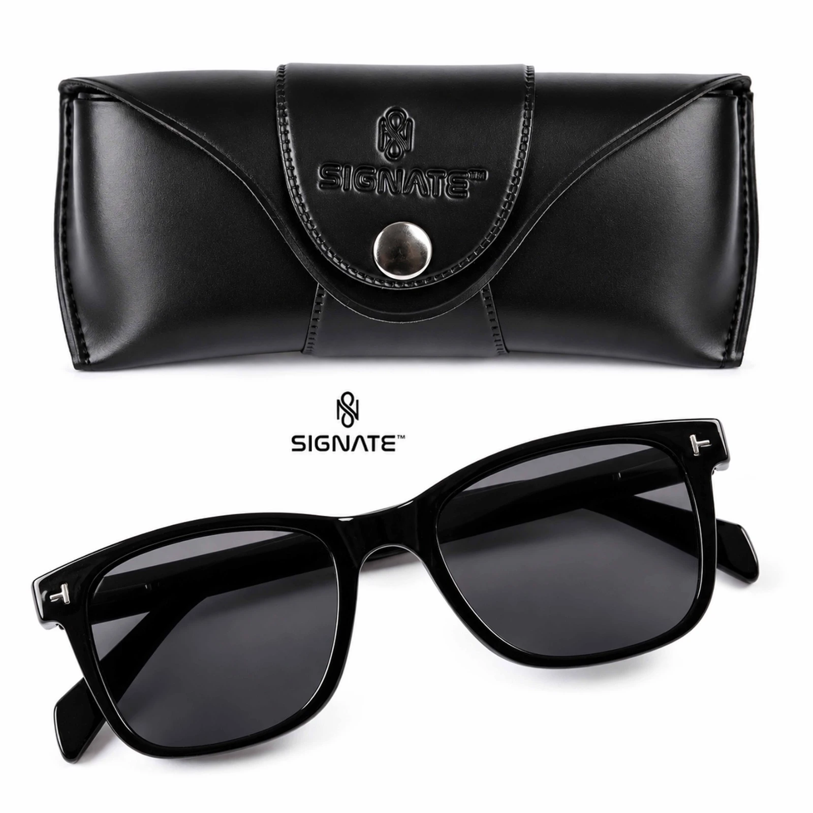 Black Signate snap case displayed above the sunglasses on a white background