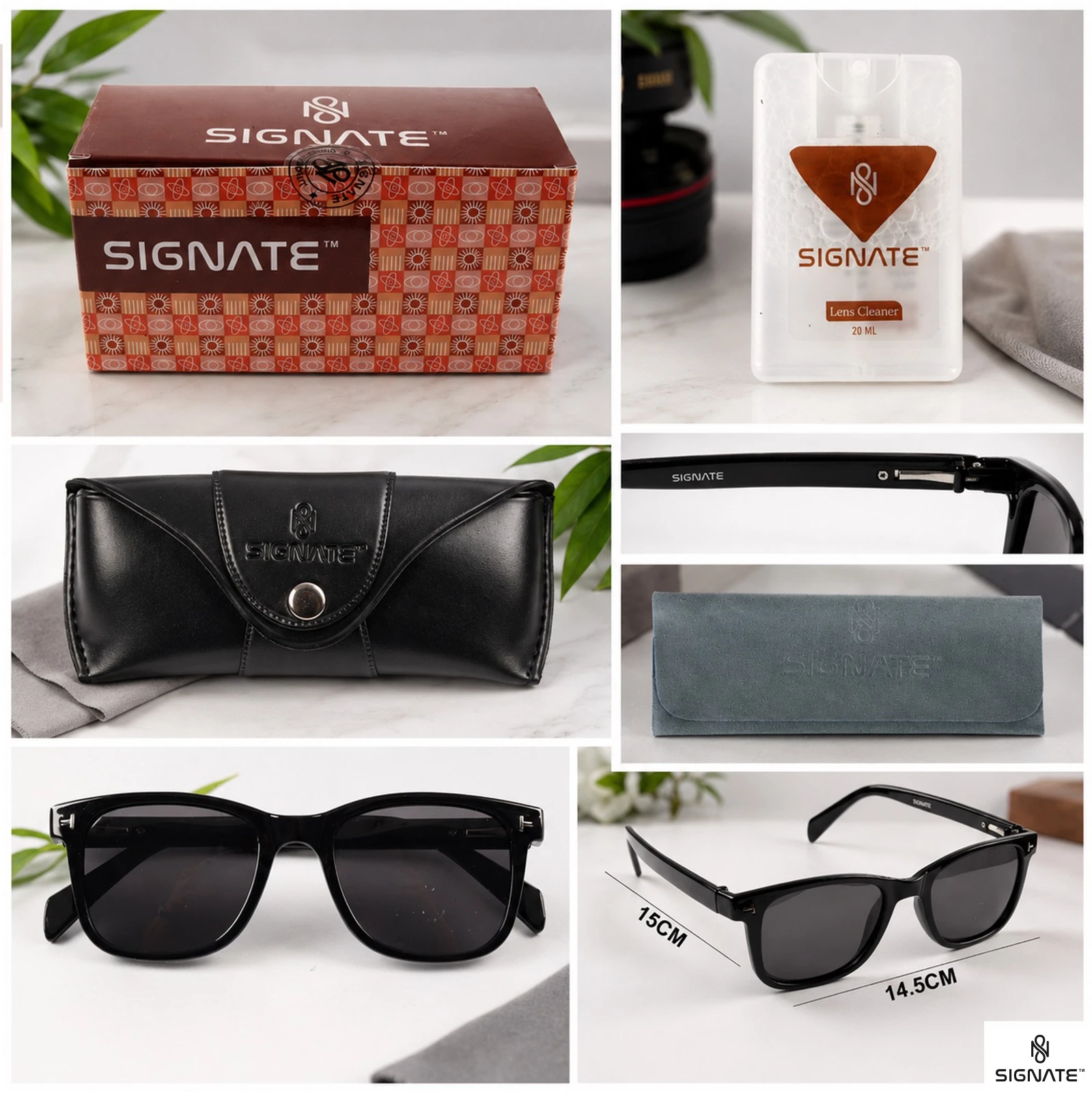 Collage showing sunglasses with box, lens cleaner, hard case, soft sleeve and temple close-up