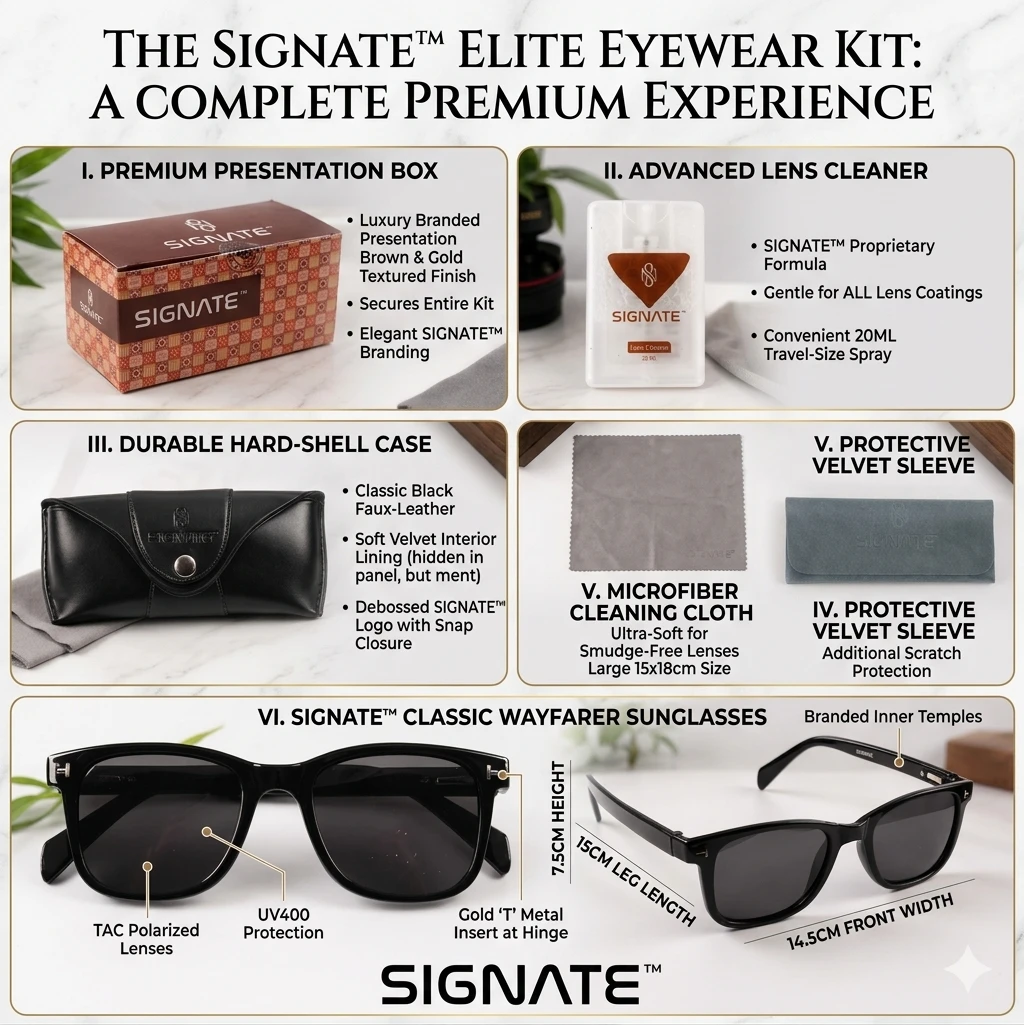 Infographic of the Signate eyewear kit with accessories, dimensions and polarized UV400 lens details