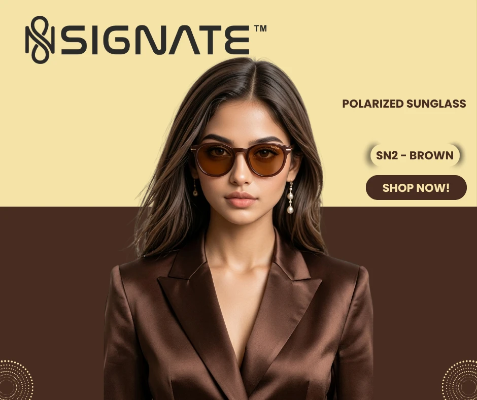 Brown Signate sunglasses shown front-on with matching leather case and brown tinted lenses
