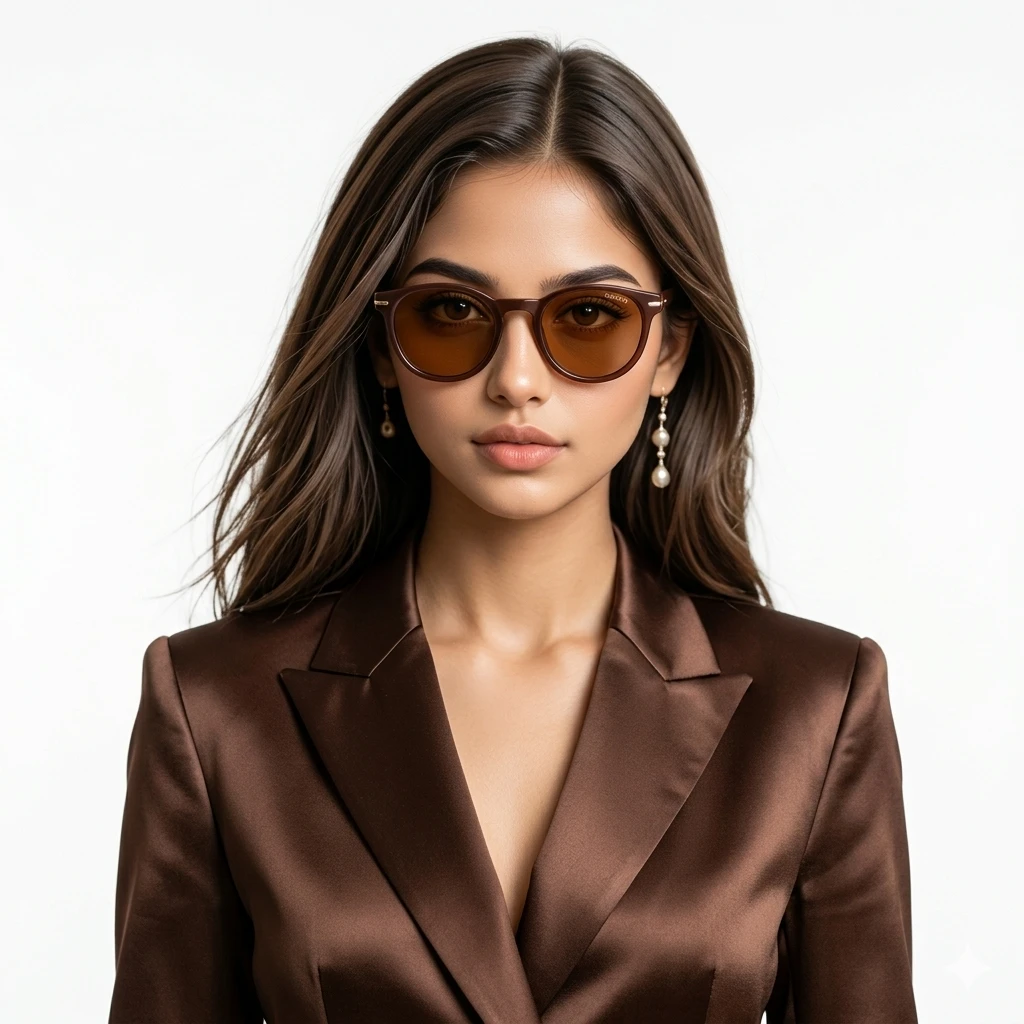 Brown Signate sunglasses shown front-on with matching leather case and brown tinted lenses