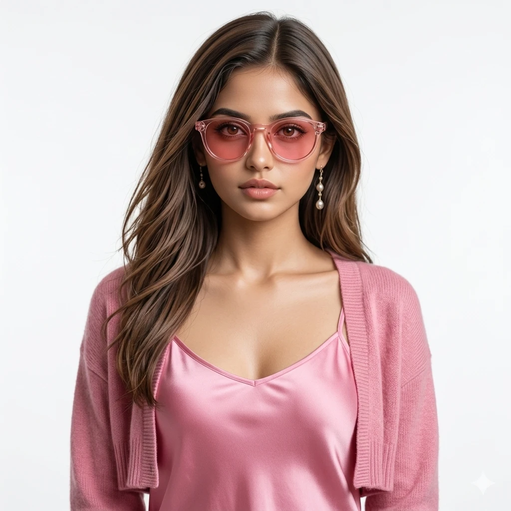 Front view of blush transparent Signate sunglasses with pink tinted round-square lenses