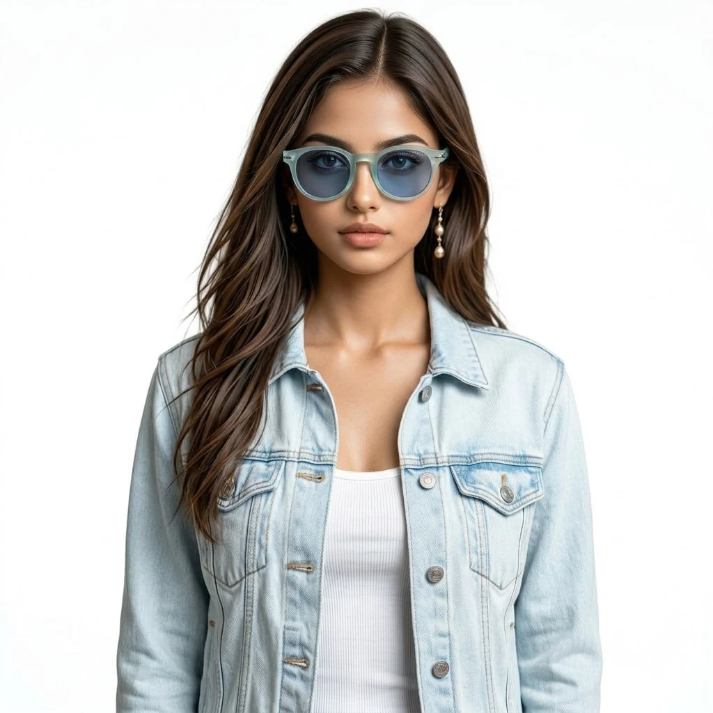 Front view of frosted light blue round sunglasses with blue tinted lenses and folded temples