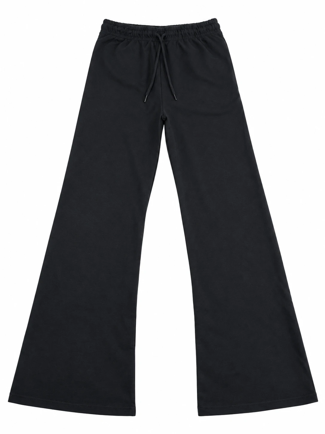 Flat lay of black wide-leg lounge pants with elastic waistband and hanging drawstring on a white background