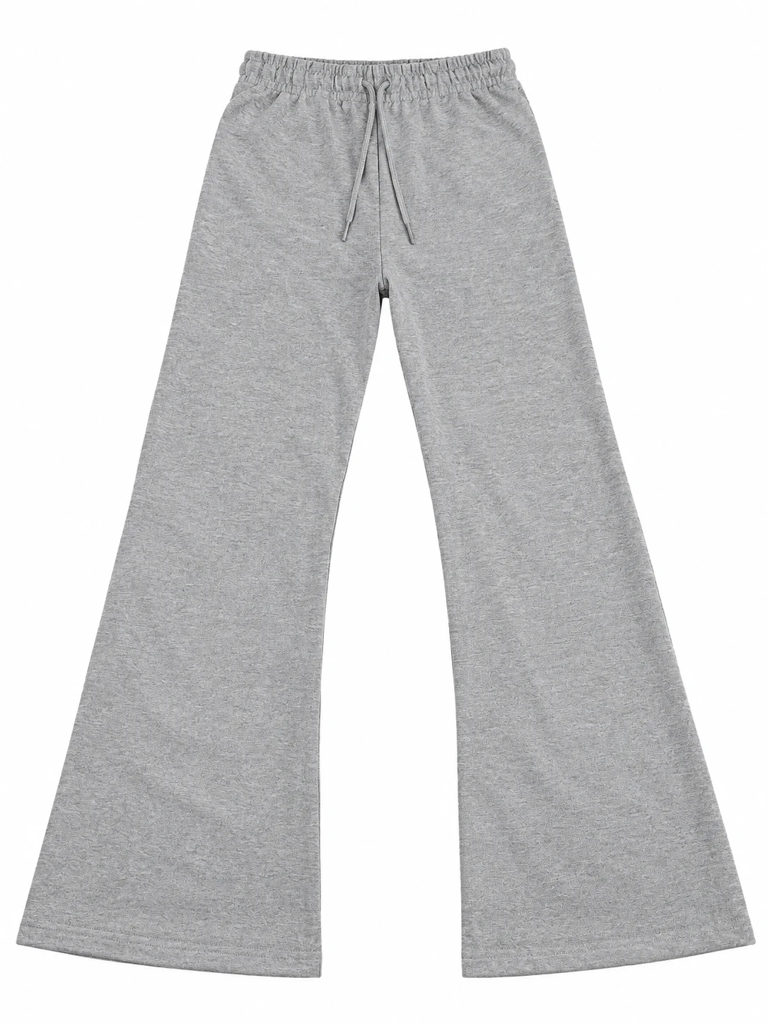 Flat lay of heather grey wide-leg lounge pants with full straight legs and elastic drawstring waistband