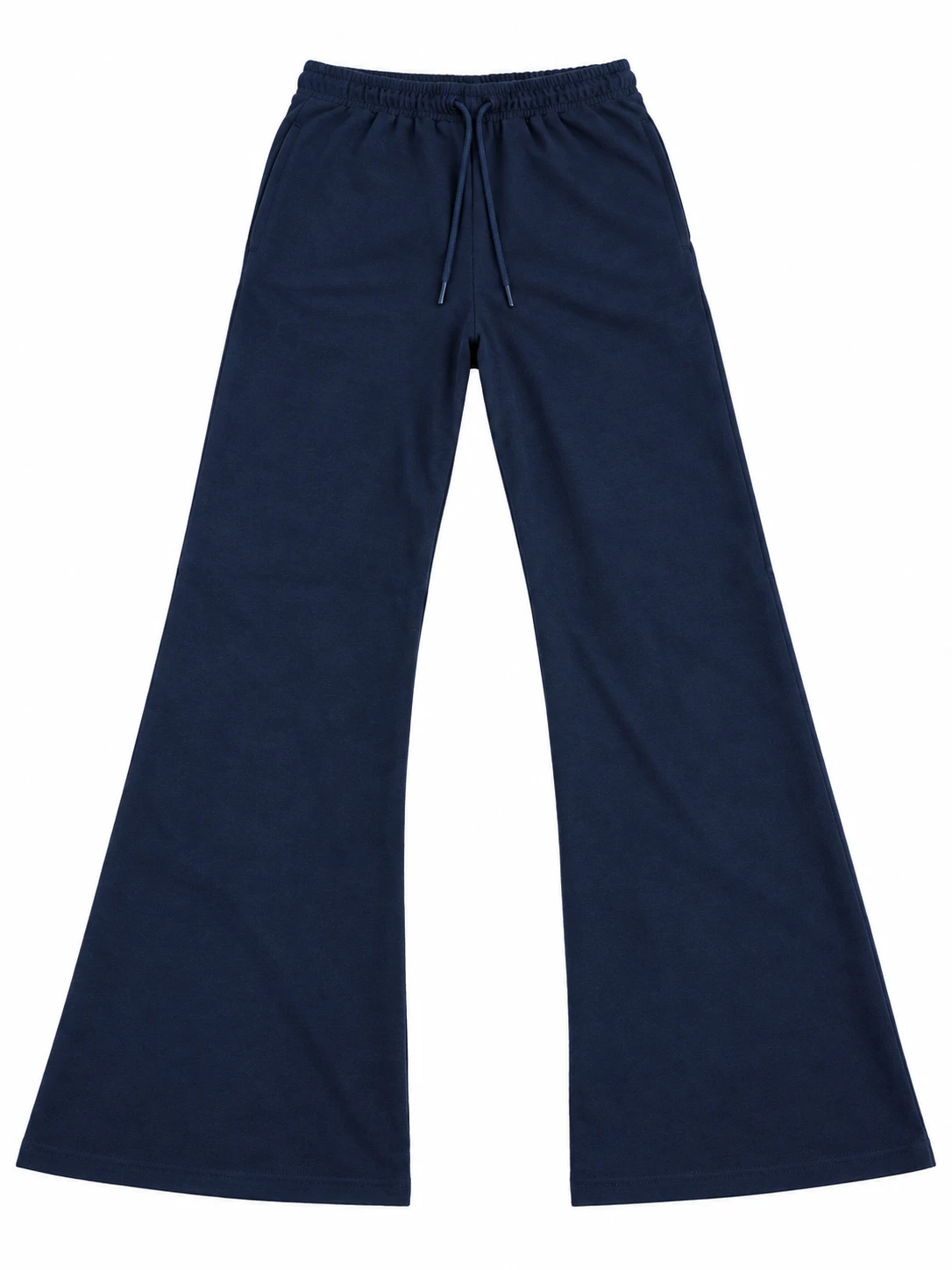 Flat lay of navy wide-leg lounge pants with front drawstring waistband and slanted side pockets
