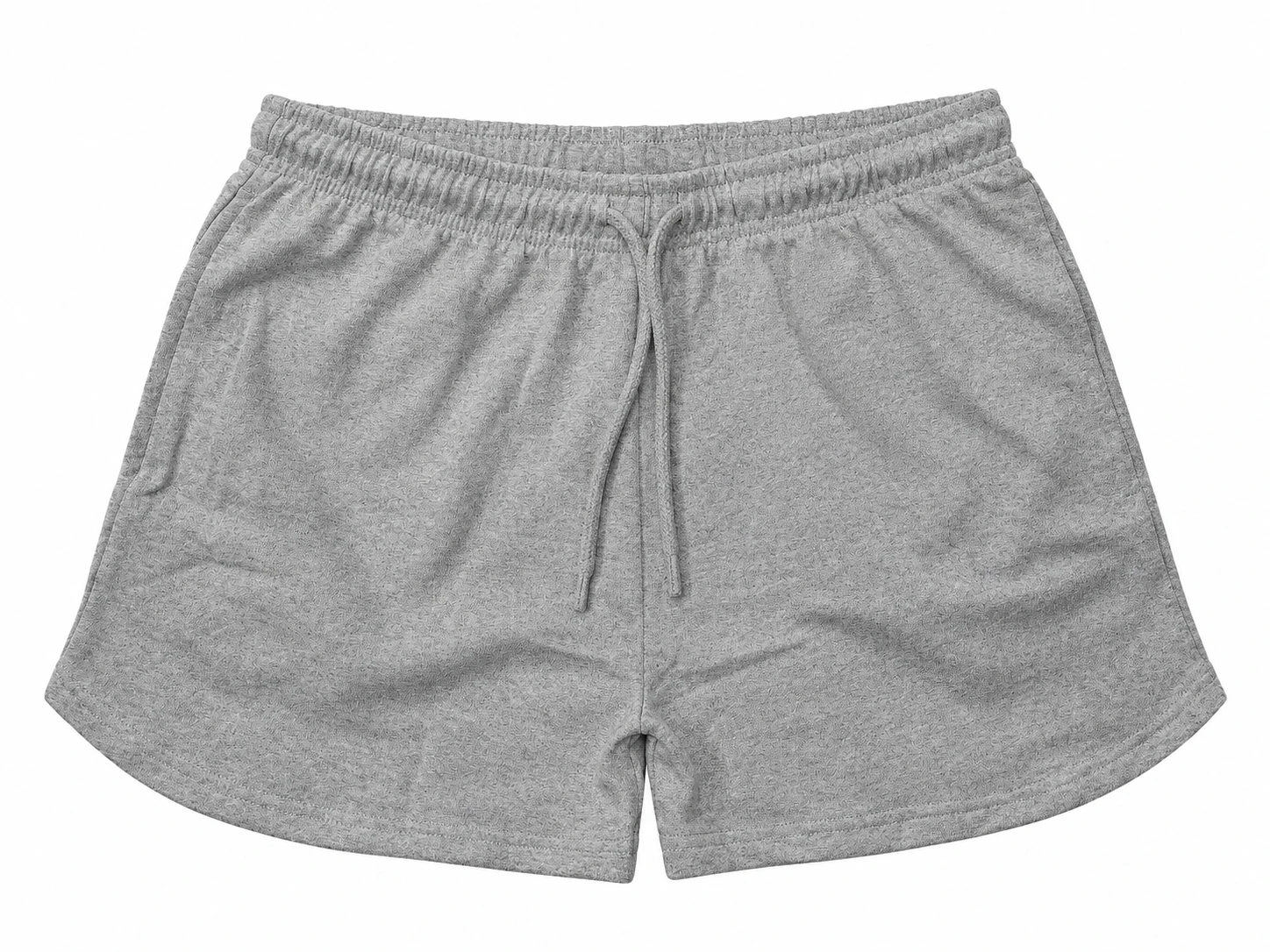 Flat lay front view of grey melange shorts with drawstring waist and slanted side pockets