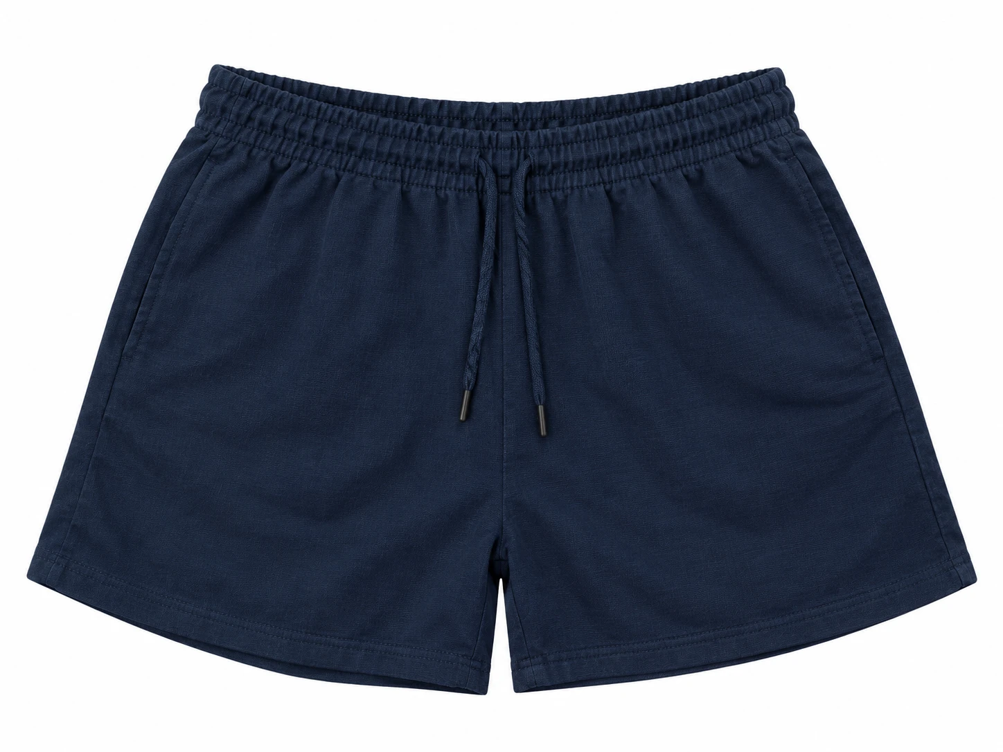 Flat lay front view of navy shorts with elastic waistband, drawcord ties and angled side pockets