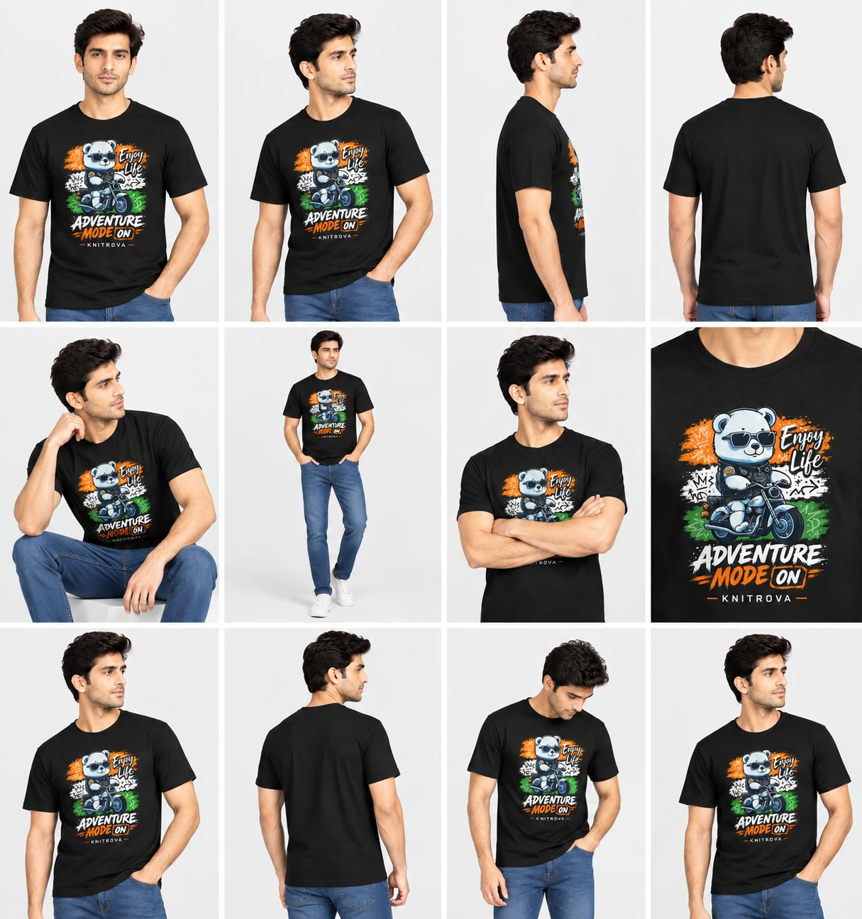 Black crewneck T-shirt front view on model, showing colorful bear biker graphic with slogan print