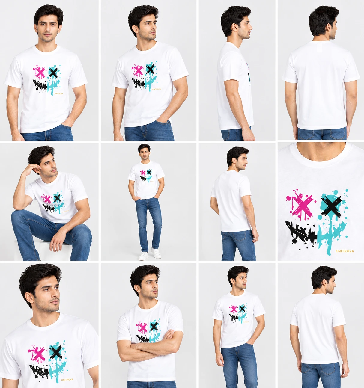 Men's white crew neck T-shirt front view with colorful graffiti smiley print, paired with blue jeans