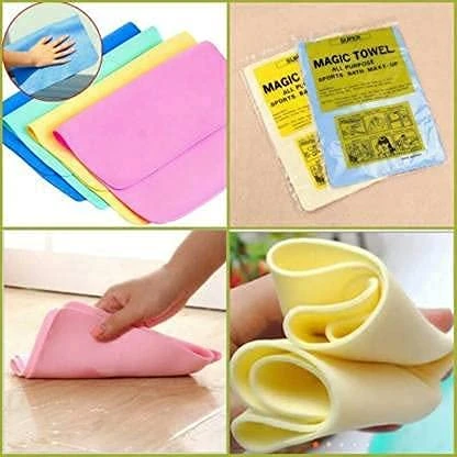 Four-panel view of unfolded pastel towels, two packets, floor wiping demo, and rolled sponge texture close-up