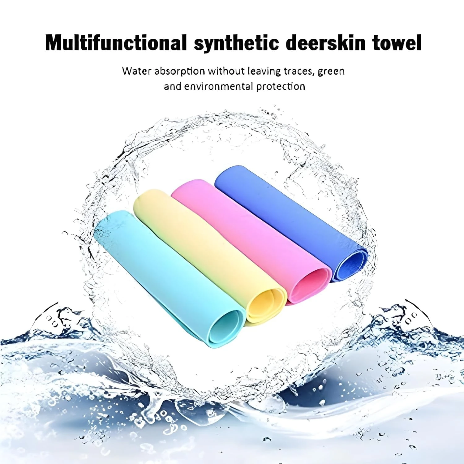 Four rolled towels in blue, yellow, pink and dark blue under water-splash graphic with feature text above