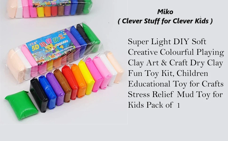 Packaged set of multicolor clay sticks with one green packet loose and printed product description beside it
