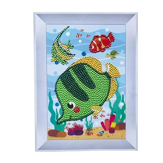 Framed underwater fish artwork with bead-style mosaic detailing on a colorful ocean scene